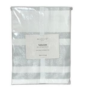 Marizé Tablecloth 60”x120” Rectangle White Cotton With Silver Metallic Stripe